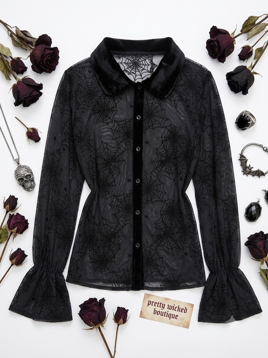 Hot Topic Tops - Spiderweb Mesh Top with Velvet detail